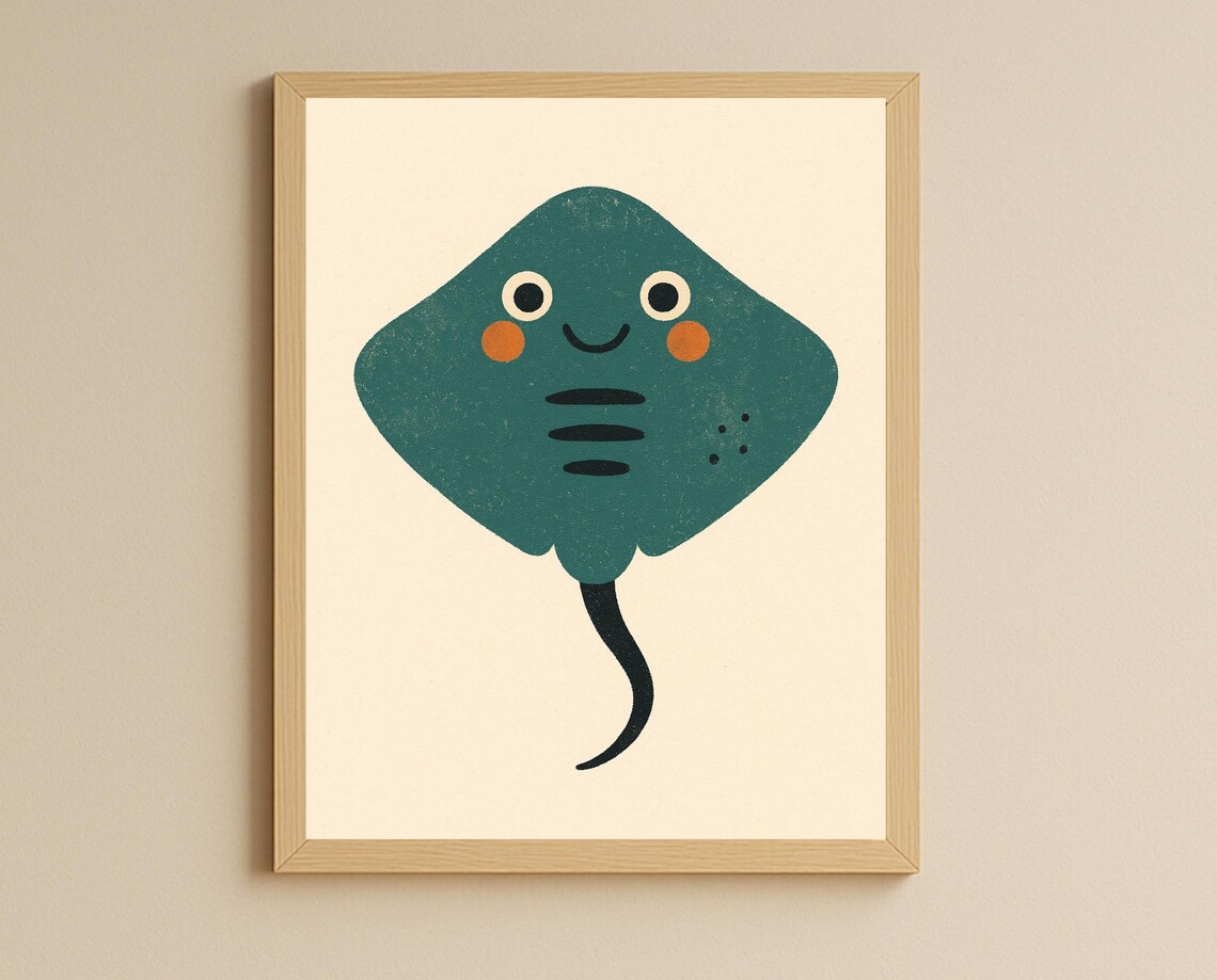 Cute Smiling Stingray Teal Sea Creature Nursery Kids Wall Art