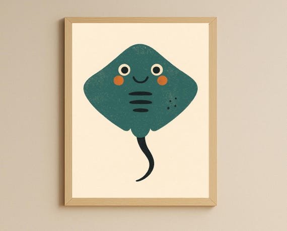 Smiling Stingray Nursery Print Teal Sea Animal Illustration