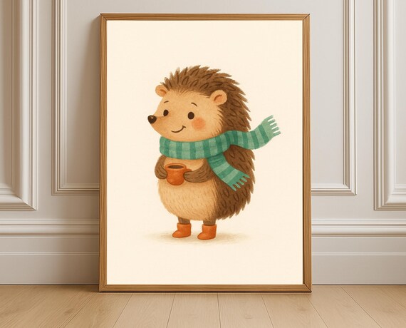 Winter Hedgehog Wall Art Cute With Scarf And Hot Drink Poster For Nursery Kids Room Decor