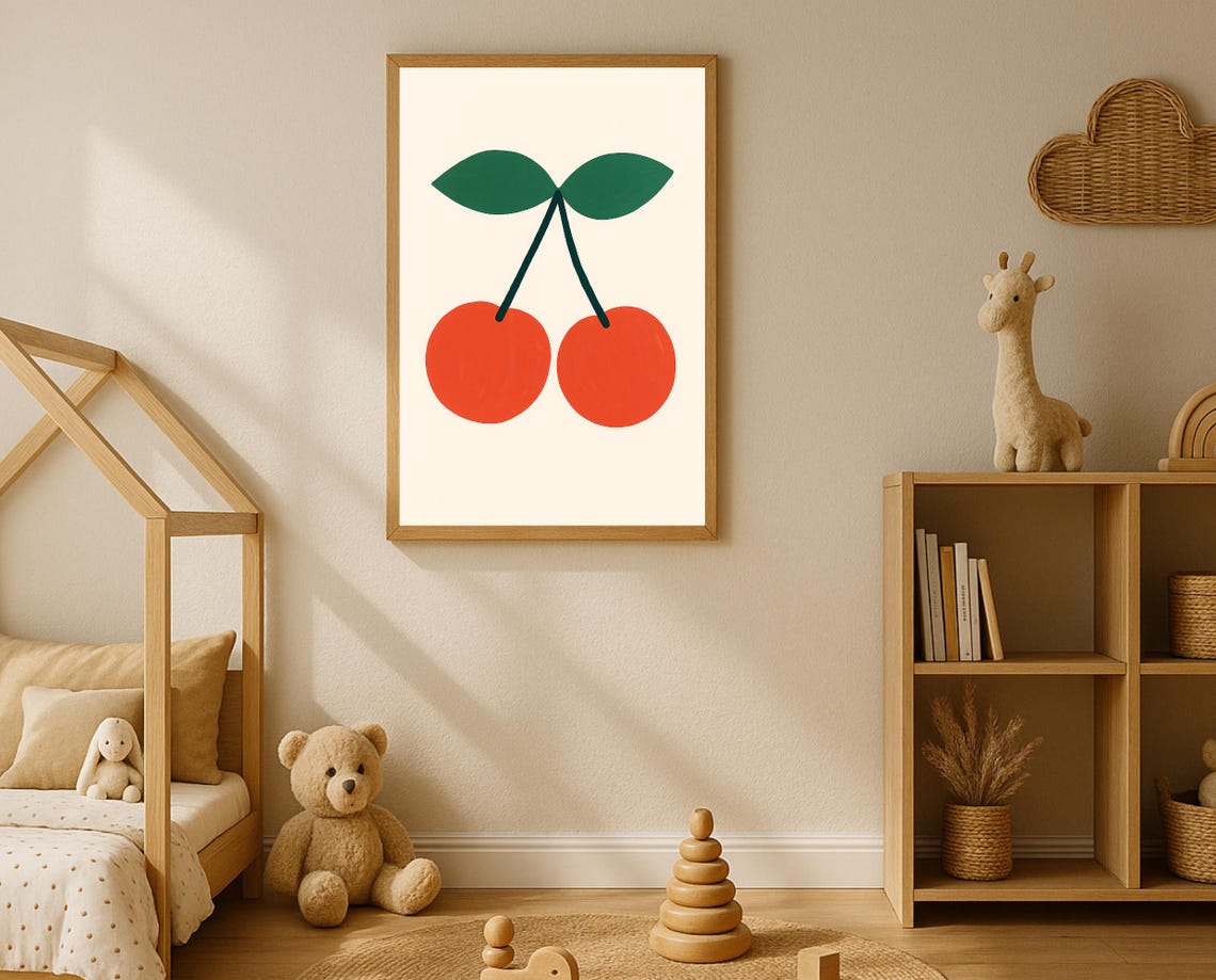 Cherry Nursery Wall Art Fruit Kids Room Kitchen Decor Playroom Poster Retro Color Instant