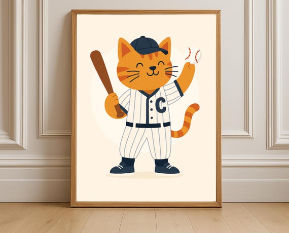 Baseball Cat Art Print, Sports Nursery Decor
