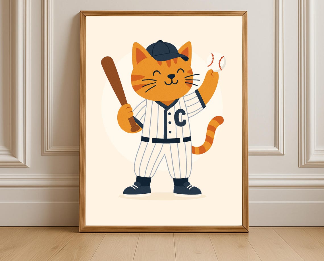 Baseball Cat Art Print, Sports Nursery Decor
