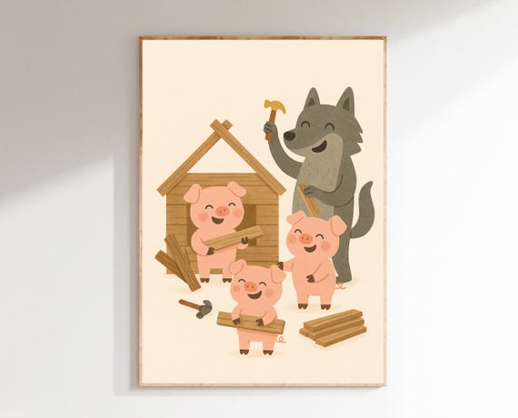 Three Little Pigs Wolf Wall Art Fairy Tale Nursery Pastel Animal Story Illustration