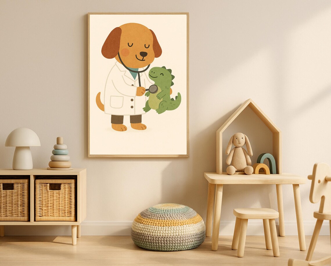 Dog Doctor With Stethoscope Treating Baby Dinosaur Kids Poster