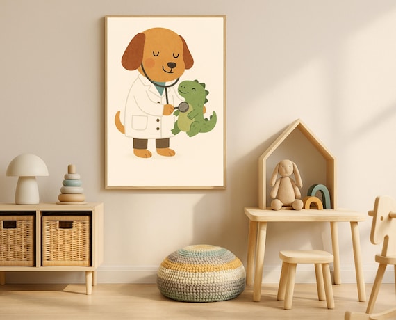 Dog Doctor With Stethoscope Treating Baby Dinosaur Kids Poster