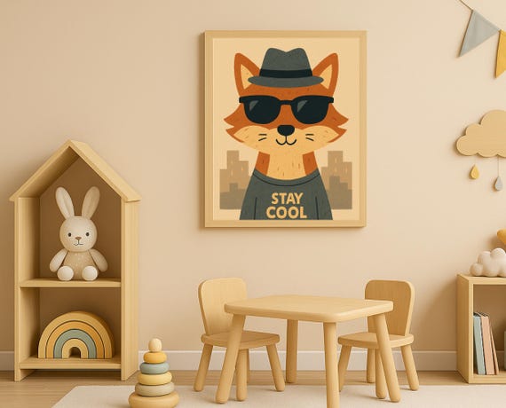 Stay Cool Fox Nursery Wall Art Sunglasses Poster Kids Room Urban Decor Instant