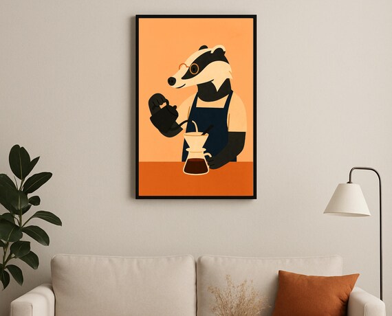 Barista Badger Pouring Coffee Hobby Animal Nursery Decor Poster