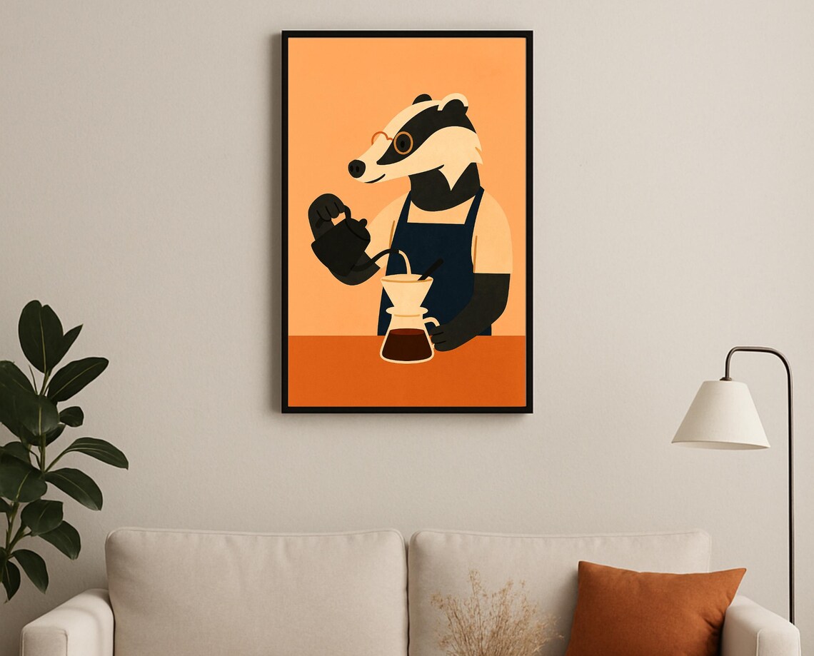 Barista Badger Pouring Coffee Hobby Animal Nursery Decor Poster