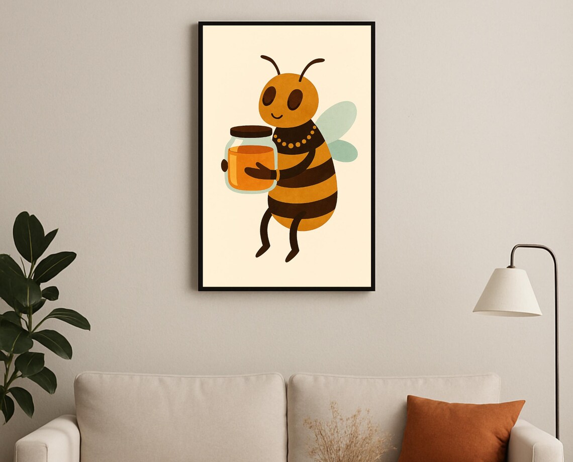 Honey Bee Jar Poster Cute Smiling Insect Sweet Animal Nursery Decor
