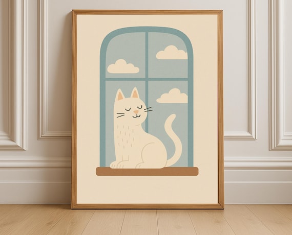 White Cat Sitting on Window Sill Under Cloudy Sky Art Poster
