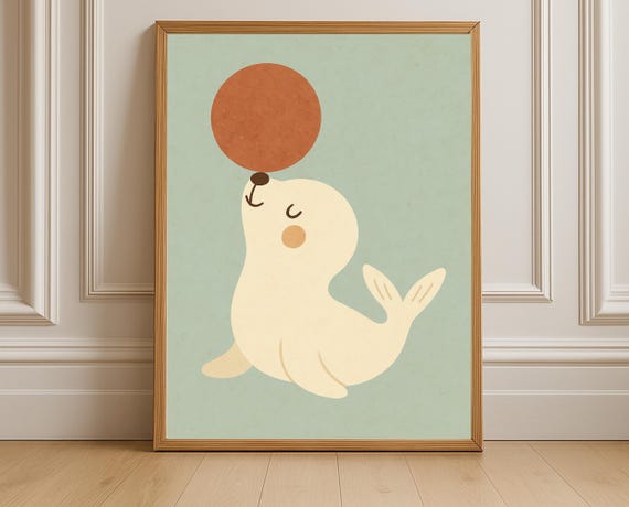 Playful Seal Nursery Wall Art Minimalist Ocean Animal Baby Room Decor Friends