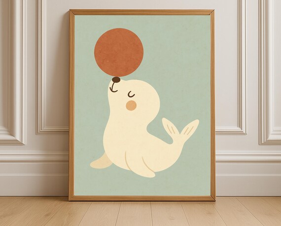 Seal Balancing Ball on Nose Cute Ocean Animal Poster for Nursery