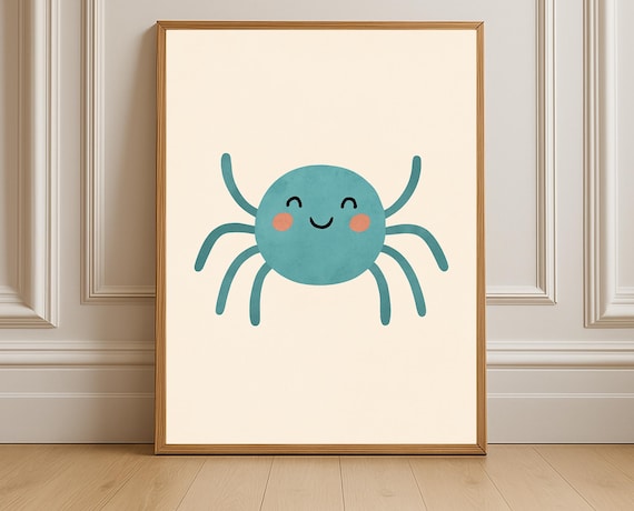 Smiling Blue Spider Cute Friendly Bug Poster for Nursery Room Decor