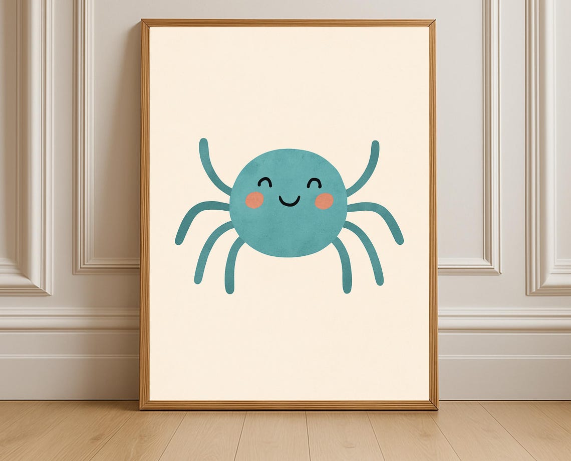 Spider Wall Art Cute Blue Nursery Decor Toddler Room Animal Poster