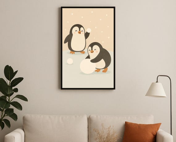 Winter Penguins Snowball Play Nursery Wall Art Kids Room Decor