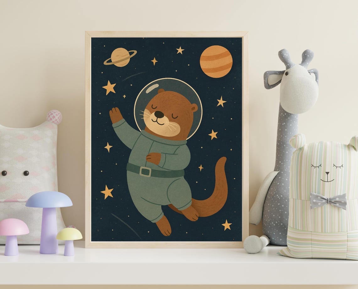 Astronaut Otter Wall Art Space Animal Nursery Print Hobby Series For Kids Room Decor
