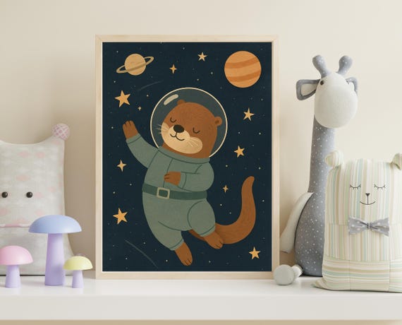 Astronaut Otter Wall Art Space Animal Nursery Print Hobby Series For Kids Room Decor
