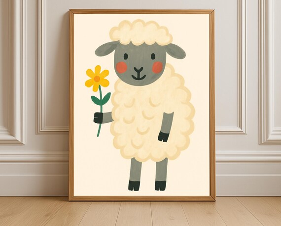 Cute Sheep Wall Art Print With Yellow Flower For Nursery And Toddler Room Decor Farm Animal Poster Baby Shower Gift