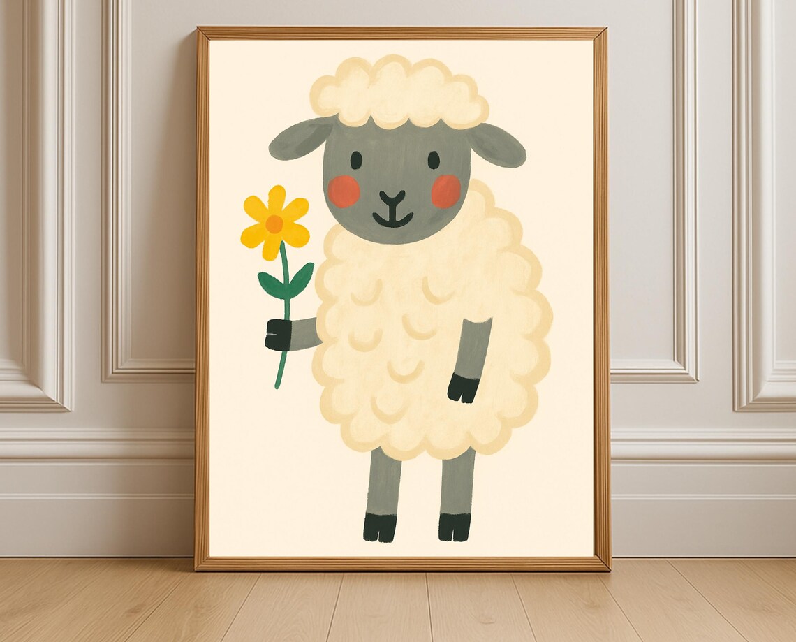 Cute Sheep Holding Yellow Flower Nursery Illustration Kids Room Poster