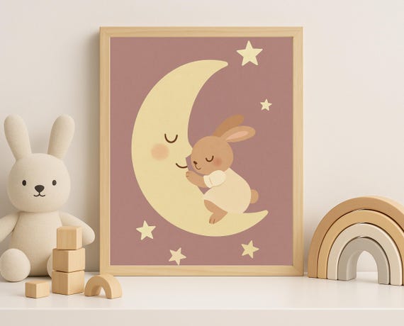 Sleeping Bunny On Moon Wall Art Cute Nursery Print Soothing Baby Room Decor