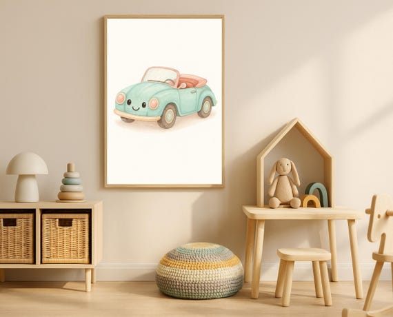 Mint Green Car Wall Art Cute Smiling For Nursery Kids Room
