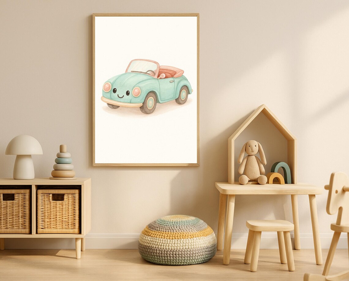 Cute Smiling Mint Green Car Watercolor Poster for Nursery Room