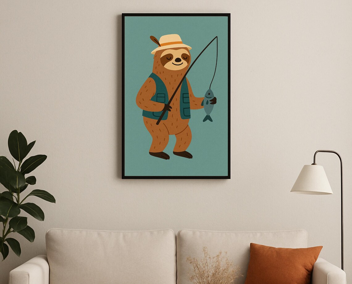 Fisherman Sloth Holding Fish Hobby Animal Nursery Decor Poster
