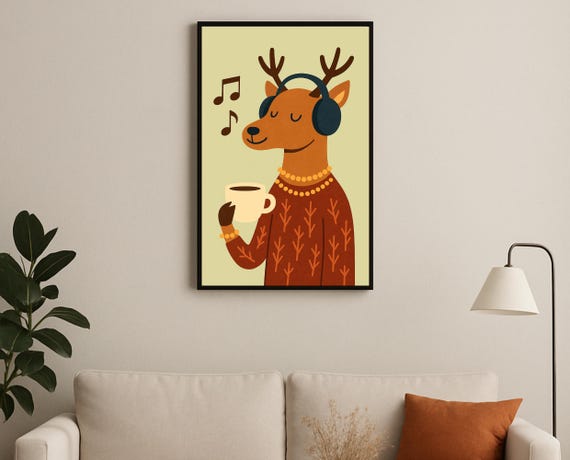 Coffee Deer Wall Art Cozy Animal Hobby Poster