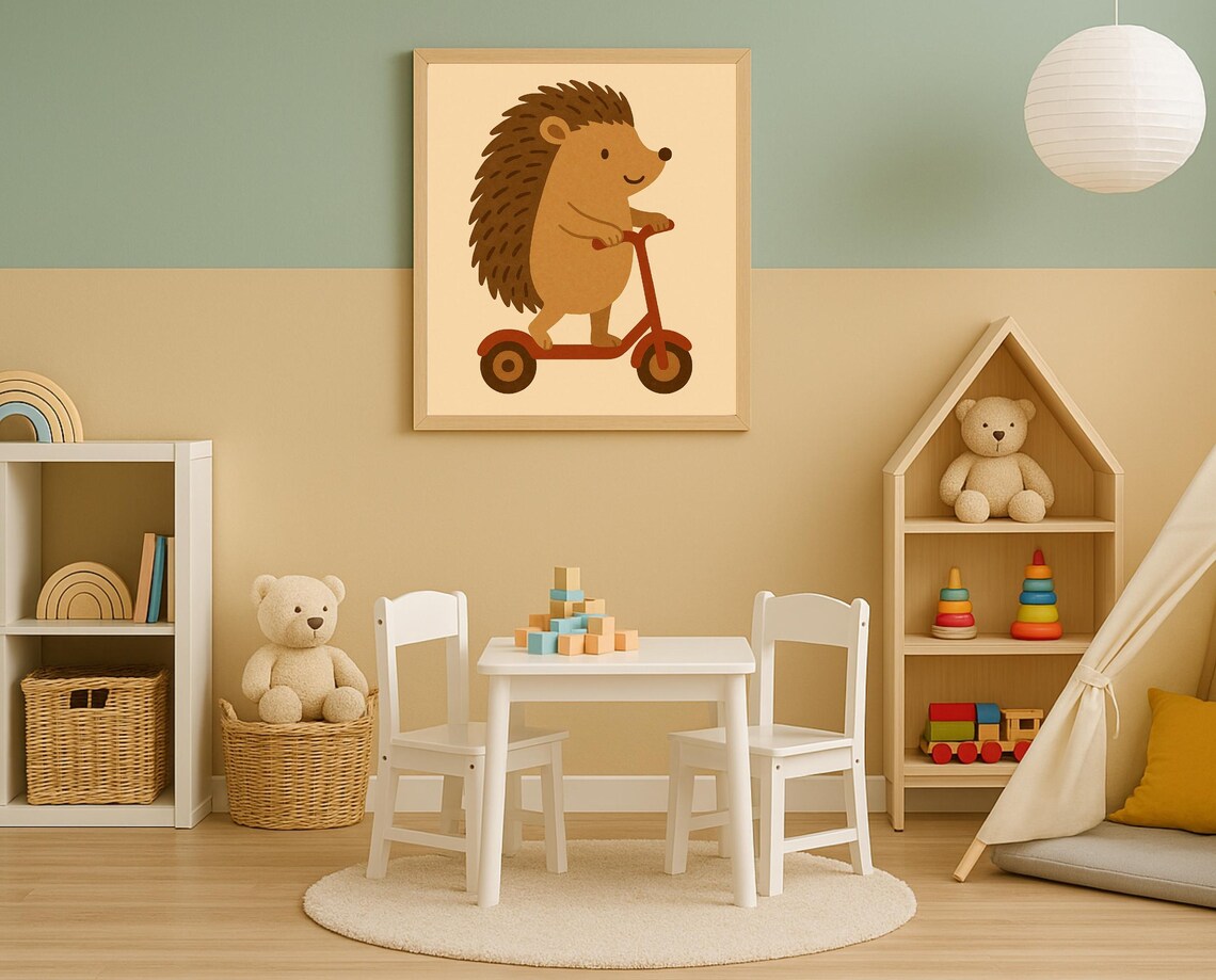 Hedgehog Riding Scooter Cute Hobby Animal Nursery Kids Poster