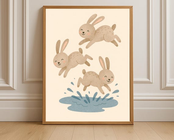 Jumping Bunnies Splash Nursery Print Bunny Wall Art Kids Room Decor