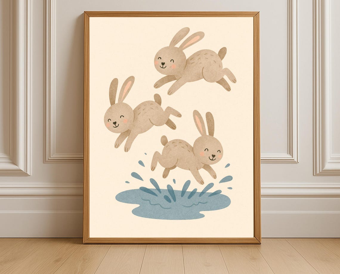 Jumping Bunnies Splash Nursery Print Bunny Wall Art Kids Room Decor