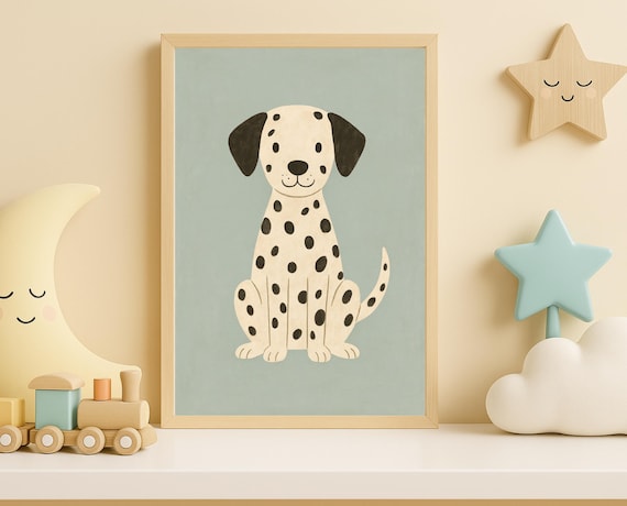 Cute Dalmatian Puppy Spotted Dog Sitting Sage Background Nursery Poster