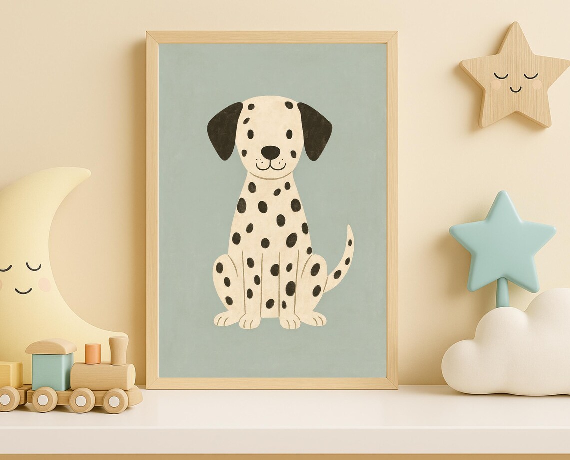 Cute Dalmatian Puppy Spotted Dog Sitting Sage Background Nursery Poster