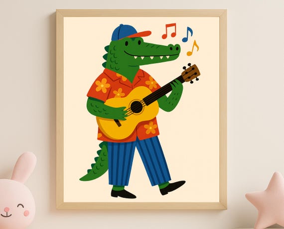 Guitar Playing Crocodile Wall Art Musical Animal Print For Nursery Kids Room Playroom Poster Gender Neutral Toddler Decor
