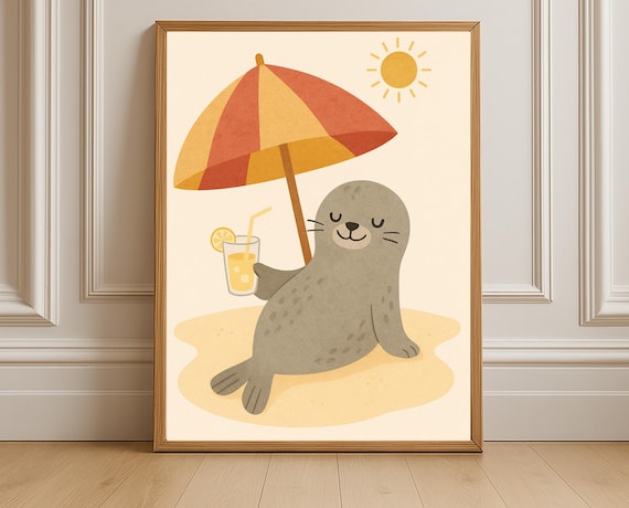 Chill Beach Seal Sipping Lemonade Under Striped Umbrella Poster