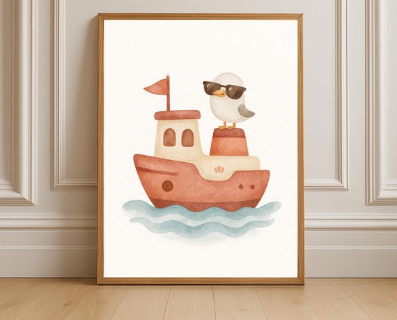 Cool Seagull On A Boat Wall Art Nautical Nursery Print Ocean Animal Kids Room Decor Instant