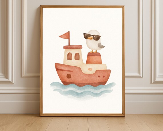 Cool Seagull on Tugboat Cute Nautical Watercolor Poster for Kids