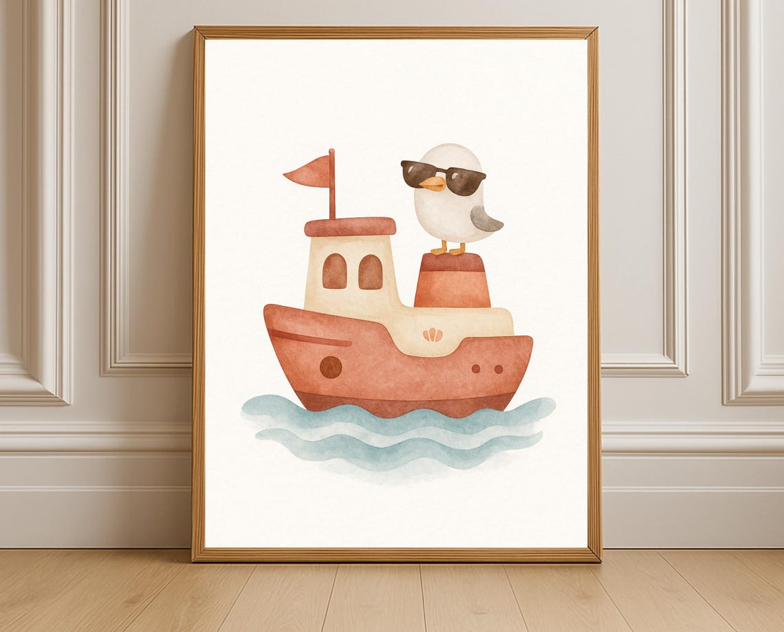 Cool Seagull On A Boat Wall Art Nautical Nursery Print Ocean Animal Kids Room Decor Instant
