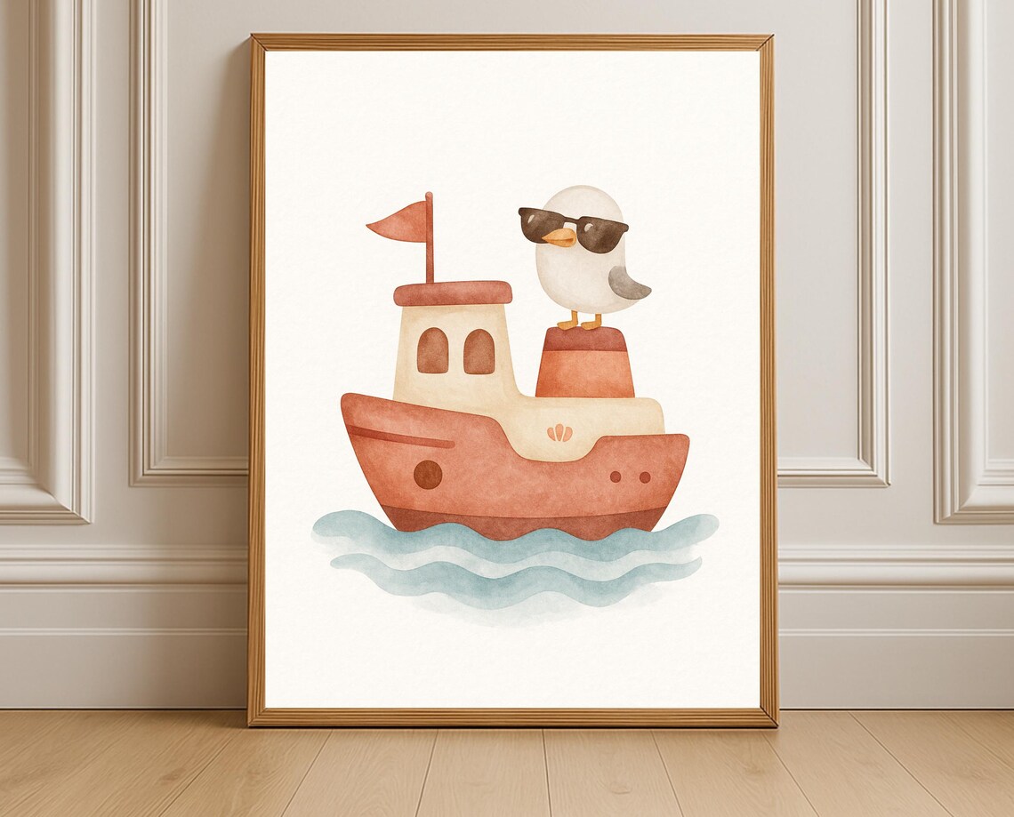 Cool Seagull on Tugboat Cute Nautical Watercolor Poster for Kids
