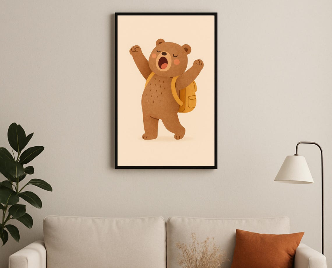 Sleepy Bear Nursery Wall Art Cute Poster With Backpack Back To School Kids Room Decor
