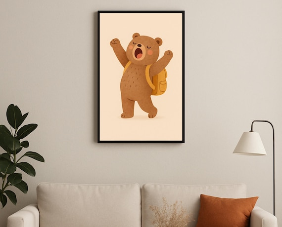 Sleepy Bear Stretching with Backpack Back To School Nursery Poster