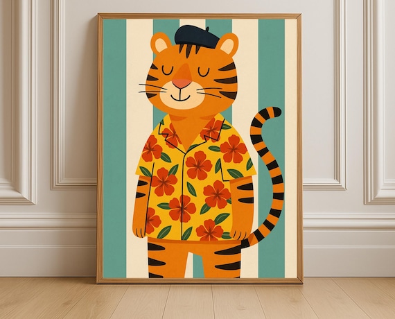 Cute Tiger in Hawaiian Shirt Beret Tropical Kids Animal Poster