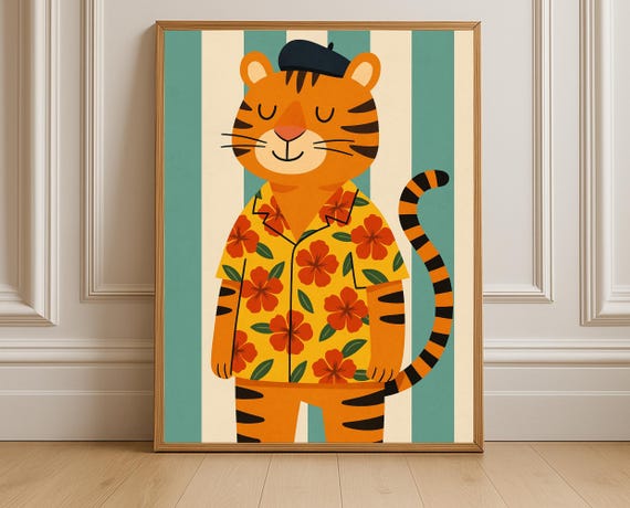 Hawaiian Tiger Nursery Wall Art Tropical Kids Room Summer Animal Poster Instant