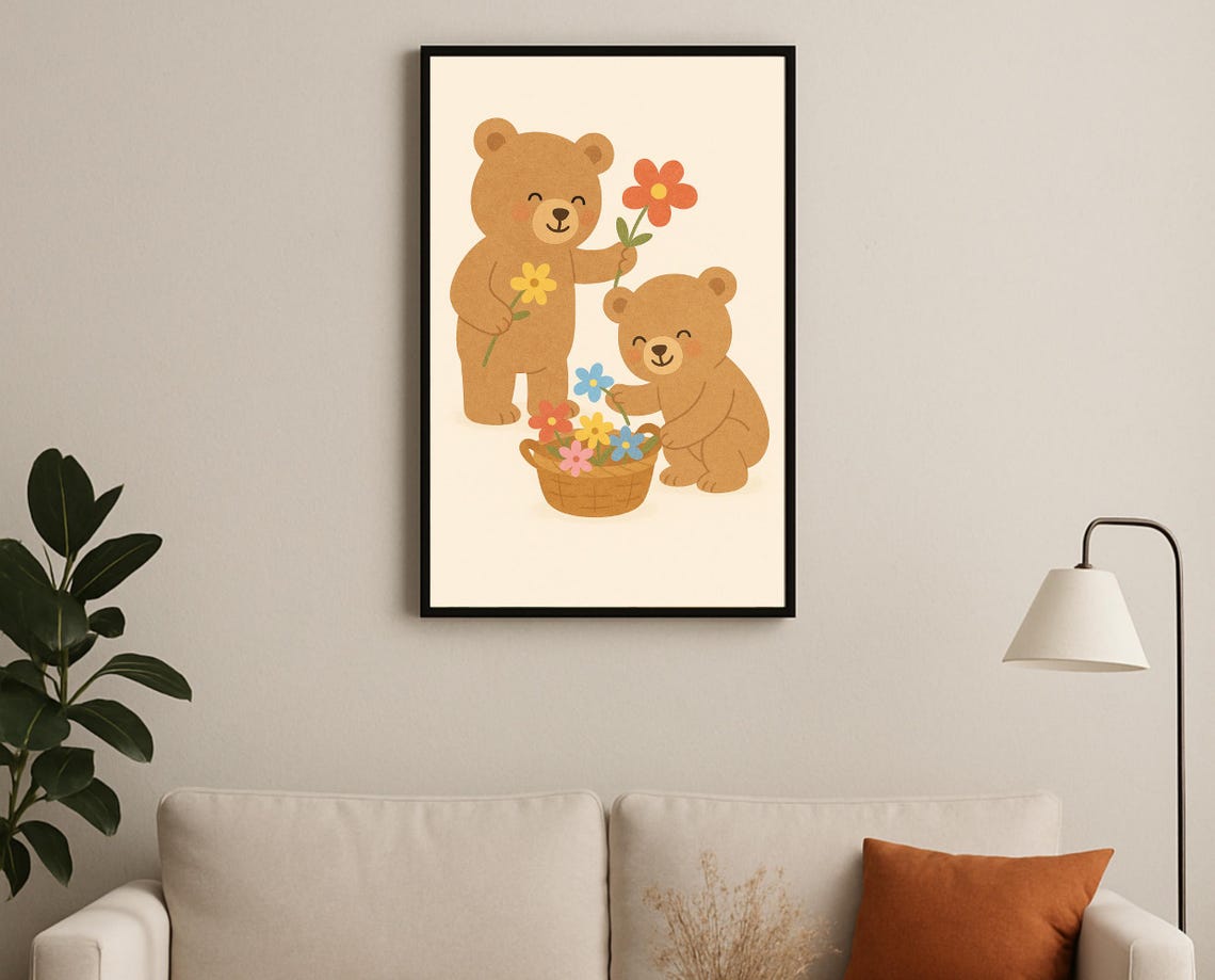 Flower Picking Bears Teddy Bear Nursery Wall Art Kids Room Decor Basket