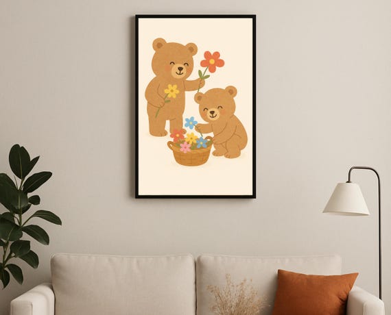 Flower Picking Bears Teddy Bear Nursery Wall Art Kids Room Decor Basket