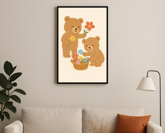 Two Teddy Bears Picking Flowers Basket Nursery Poster Cute Art