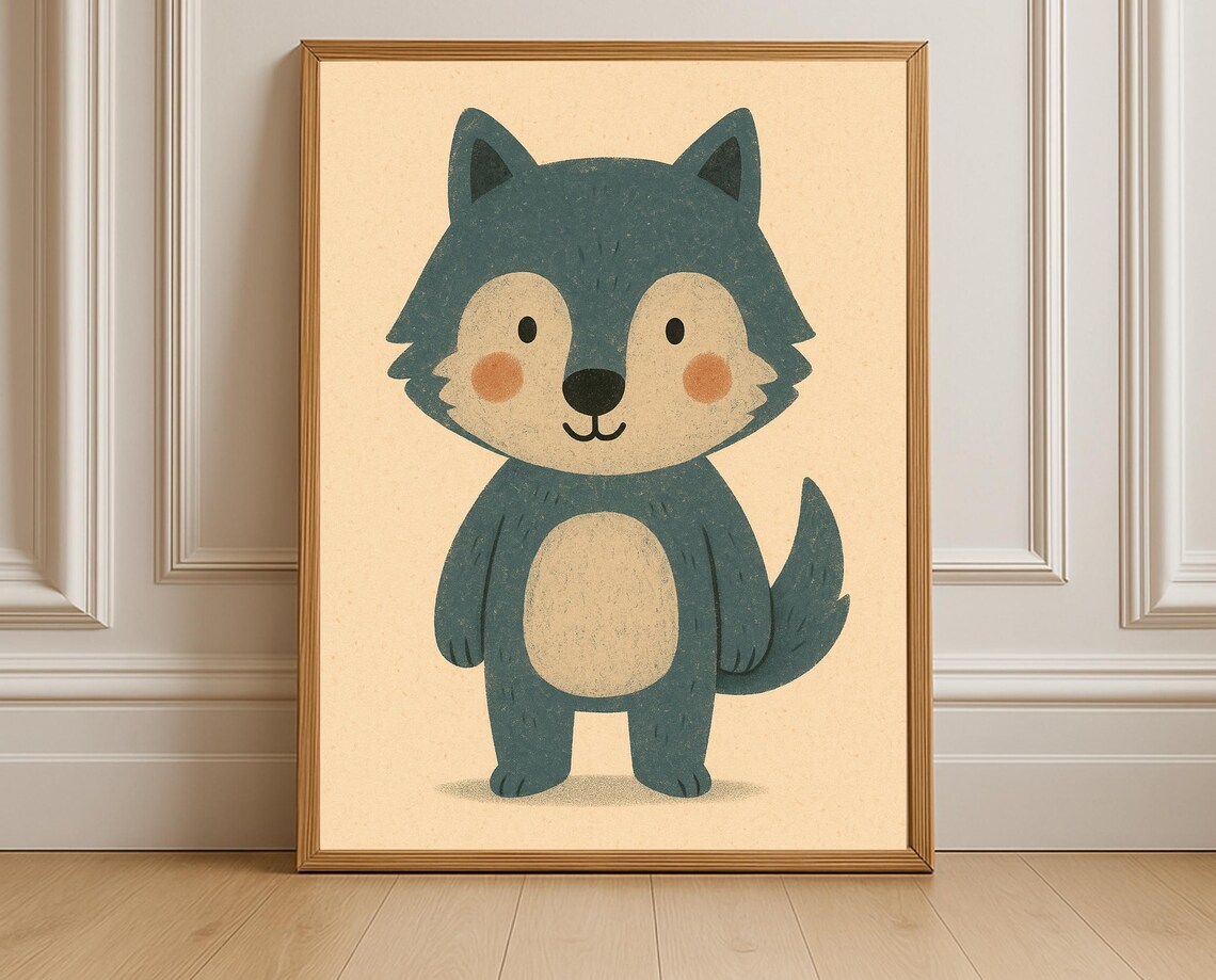 Cute Blue Wolf Cartoon Character Nursery Baby Room Decor Poster