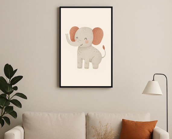 Adorable Baby Elephant Waving Trunk Safari Nursery Decor Poster