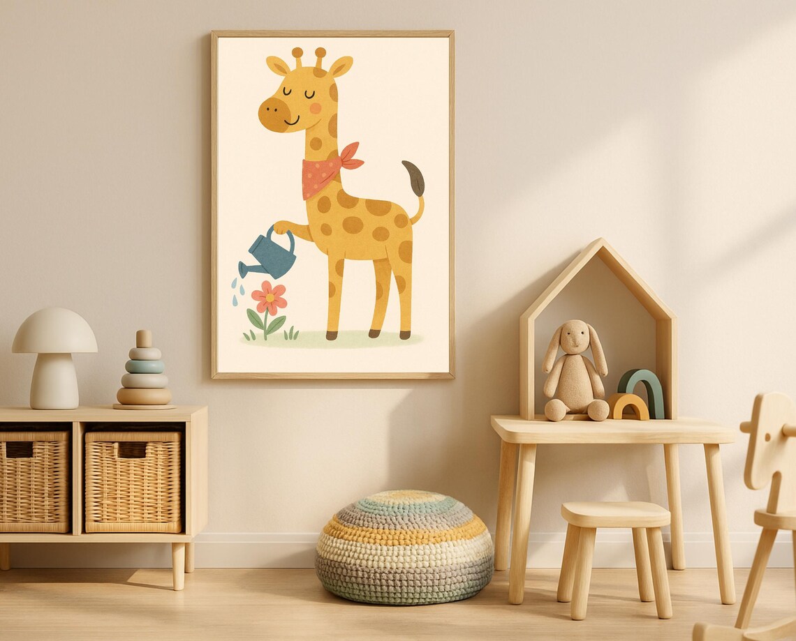 Gardening Giraffe Nursery Poster Watering Flowers Cute Animal Kids Decor