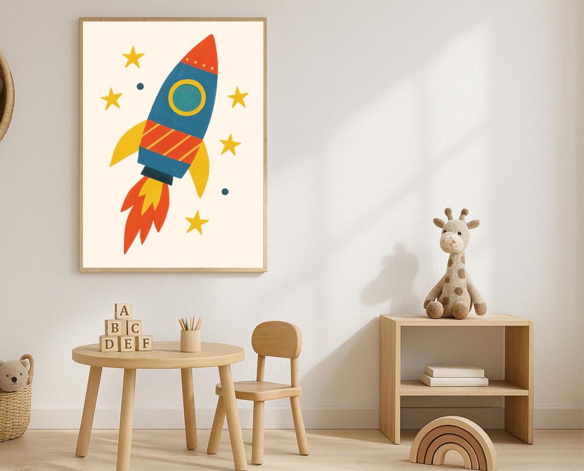 Rocket Ship Nursery Wall Art Space Theme Kids Room Poster Astronaut Print Instant